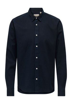 Mørkeblå skjorte med knapper, bred krave, lange ærmer og hvide knapper; lavet af glat stof med ensartet tekstur; buet kant.