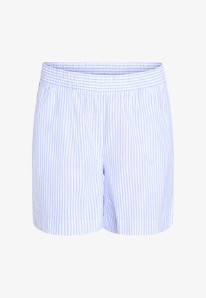 Zili un balti svītraini viegli šorti ar elastīgu vidukli, kuriem ir brīvs piegriezums un gluda tekstūra.