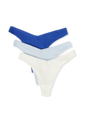 Trois paires de string côtelés en bleu, bleu clair et blanc. Chacun a une ceinture en forme de V et une texture lisse.