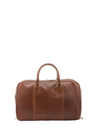 Borsa da viaggio in pelle marrone con due manici superiori, hardware dorato e cuciture a contrasto. Forma rettangolare con chiusura a zip.