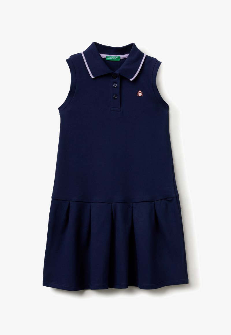 Navy blue sleeveless polo dress with a collar, three buttons, small embroidered logo on chest, and pleated skirt hem.