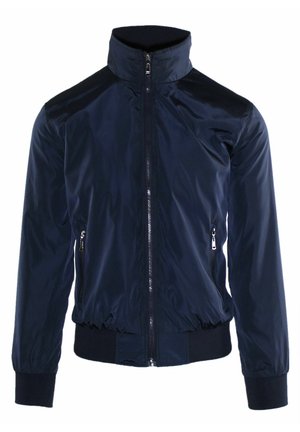 Giacca blu navy con zip, colletto alto, tasche laterali con zip, orlo elastico e polsini a coste, progettata per un look casual.