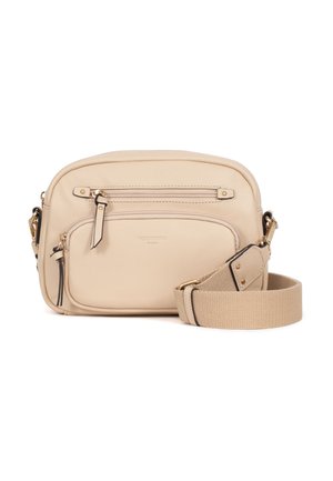 Beżowa skórzana torebka na ramię z dwiema zapinanymi na zamek przegrodami oraz regulowanym szerokim paskiem z tkaniny z elementami w złotym kolorze.