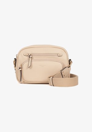 Beige Umhängetasche aus Leder mit zwei Reißverschlussfächern und einem verstellbaren breiten Stoffriemen mit goldfarbenen Beschlägen.