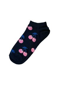 Seegrasfarbene Knöchelsocken mit Muster aus pinken Kirschen und blauen Stielen. Hergestellt aus weichem Stoff mit geripptem Bündchen und abgerundetem Zehenbereich.