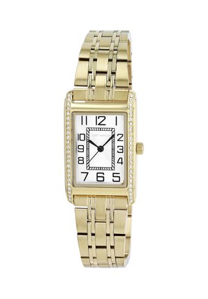 Gold rectangular watch with a white face, black numbers, and a crystal-encrusted bezel. Features a metal link wristband with a polished finish.