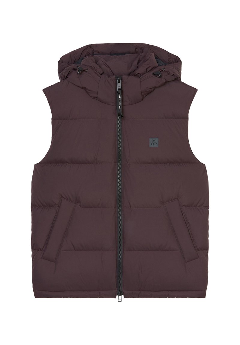 Ärmellose Steppweste in Dunkelbraun. Verfügt über einen Reißverschluss vorne, eine Kapuze mit Kordelzügen und zwei Seitentaschen. Gepolstertes Design mit weicher Textur.