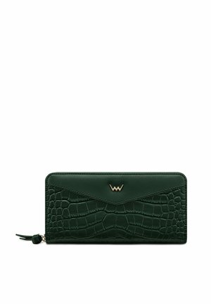 Green faux leather wallet with croc-embossed texture, slim design, gold hardware accent, and a flap closure. Zipper pull attached.