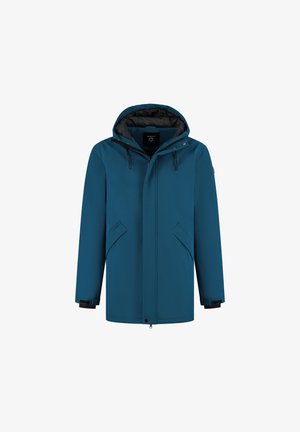Teal waterproof jacket with a hood, zip front, two side pockets, and black interior lining. Elasticated cuffs and adjustable hem detail.