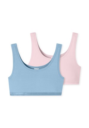 Zwei ärmellose Crop-Tops flach ausgelegt, eines in Blau, das vorne auf einem hellrosa liegt, beide mit Rundhalsausschnitt und weichem Stoff.