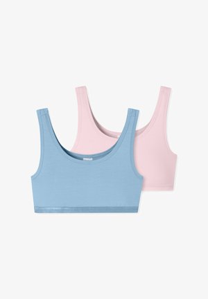 Zwei ärmellose Crop-Tops flach ausgelegt, eines in Blau, das vorne auf einem hellrosa liegt, beide mit Rundhalsausschnitt und weichem Stoff.