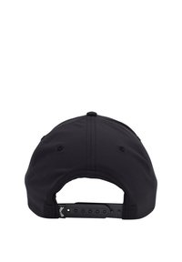 Black baseball cap featuring a structured design, soft fabric, adjustable plastic strap, and ventilation eyelets on the back.