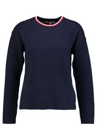 Pull en maille bleu marine à manches longues, col rond avec accents rouges et blancs, coupe décontractée. Texture douce et design côtelé.