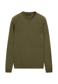 Maglione verde oliva a girocollo, realizzato in tessuto morbido, con maniche lunghe e polsini e orlo a coste. Design semplice e classico senza motivi.