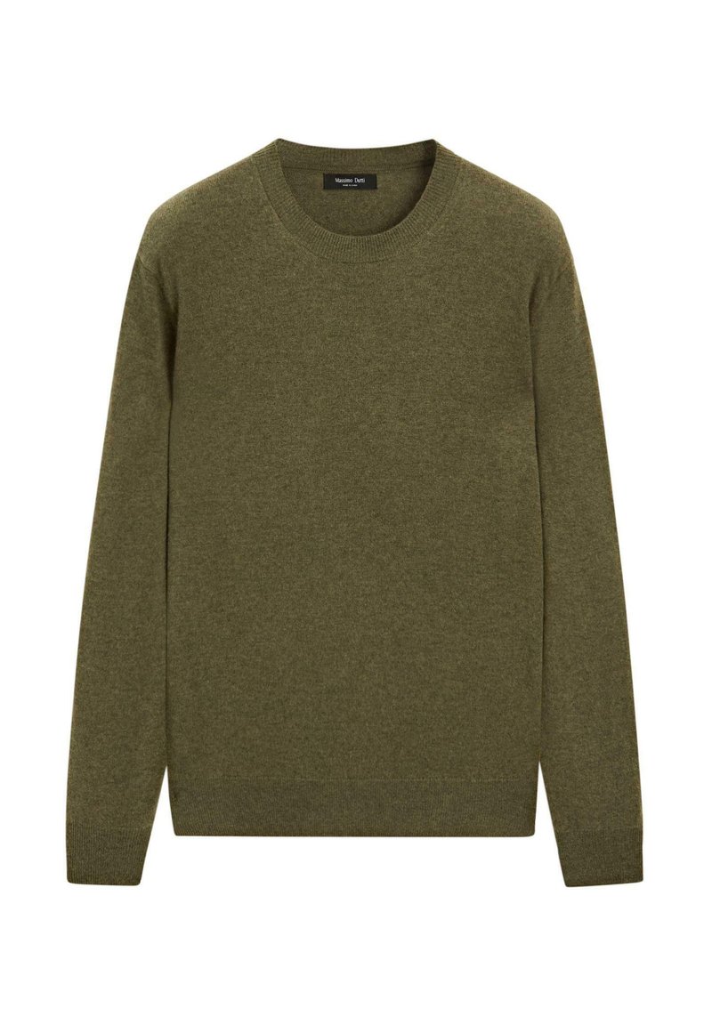 Maglione verde oliva a girocollo, realizzato in tessuto morbido, con maniche lunghe e polsini e orlo a coste. Design semplice e classico senza motivi.