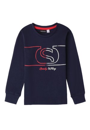 Navyblaues Langarm-T-Shirt aus Baumwolle mit Rundhalsausschnitt. Mit einem grafischen Design und roter sowie weißer Schrift, einschließlich "Bereit zum Spielen."