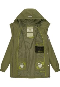 Olive green windbreaker jacket with a hood, inner lining, and contrasting yellow accents. Features two front pockets and branded tags inside.