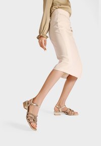 Sandali metallici con cinturini, dotati di tacco basso a blocco. Presentano cinturini beige con dettagli testurizzati e una chiusura con fibbia alla caviglia per una vestibilità sicura.