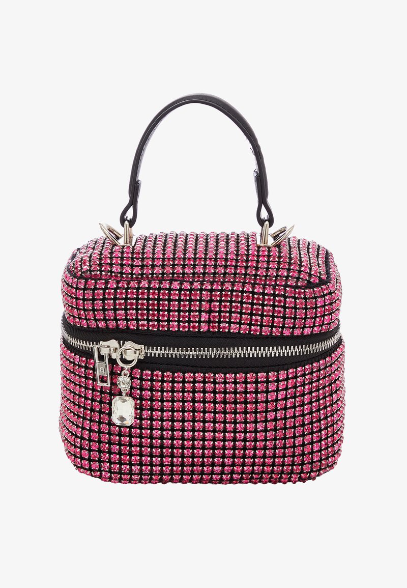 Borsa rosa e nera decorata con strass, con manico superiore, forma arrotondata, chiusura con zip e un ciondolo decorativo. Accenti in pelle liscia.