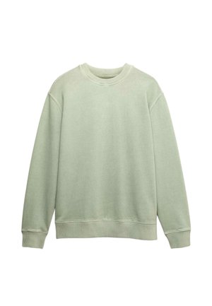 Sweat-shirt vert clair, col rond, tissu doux, poignets et ourlet côtelés, coupe décontractée, avec des détails de couture minimalistes.