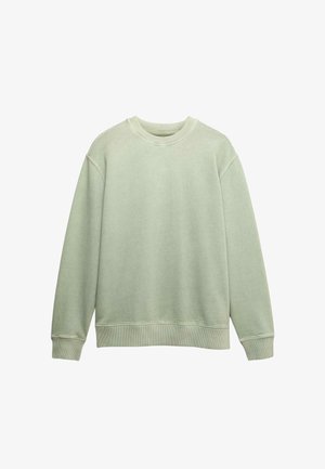 Sweat-shirt vert clair, col rond, tissu doux, poignets et ourlet côtelés, coupe décontractée, avec des détails de couture minimalistes.
