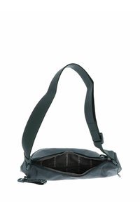 Borsa a spalla verde scuro con esterno liscio, chiusura con zip e tracolla regolabile testurizzata; interno foderato con marchio stampato.