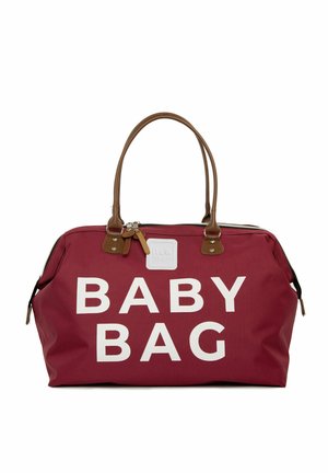 Red fabric baby bag with white lettering "BABY BAG," brown leather handles, zipper closure, and a rectangular shape. Notable hardware and accents.