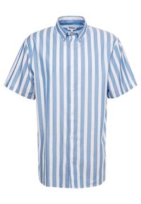 Camicia a maniche corte con bottoni in blu chiaro e bianche righe orizzontali, caratterizzata da un colletto a punta e un tessuto in cotone morbido.
