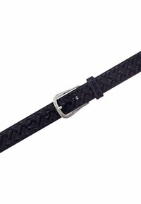 Zwarte geweven riem met een zilver metalen gesp. Heeft een gestructureerd patroon en verstelbare gaten voor maatvoering. Duurzaam synthetisch materiaal.