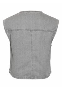 Siva traper prsluk bez rukava s ravnim završetkom, širokim ramenima i suptilnom teksturom riblje kosti. Ima šavove na leđima radi oblikovanja.