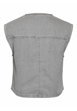 Harmaa farkkukankainen ilmanhiha, jossa on suora helma, leveät olkapäät ja hienovarainen kalanruotokuvio. Varustettu takasaumoilla muodon vuoksi.