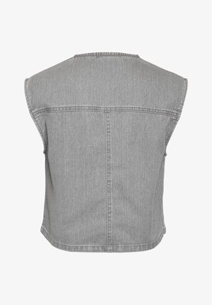 Pilkas džinsinis liemenė be rankovių, tiesiu kraštu, plačiomis pečių linijomis ir subtiliu žuvų kaulų raštu. Yra nugaros siūlės, suteikiančios formą.