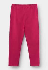 Leggings fuchsia en tissu doux et extensible avec une taille élastique. Le design présente une coupe droite et sans motifs visibles.