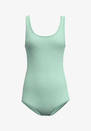 Mintgrüner Einteiler-Badeanzug mit rundem Halsausschnitt und breiten Schulterträgern, ausgestattet mit einem glatten, dehnbaren Stoff und minimalen Details.