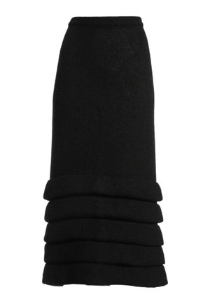 Jupe midi noire en tricot avec taille haute et volants horizontaux superposés près de l'ourlet.