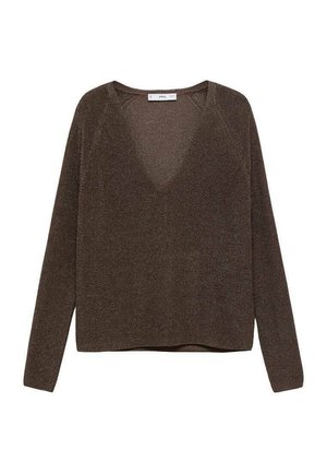 Brown long-sleeve sweater with a deep V-neckline, soft texture, and a relaxed fit. Contains slight shimmer and ribbed cuffs and hem.