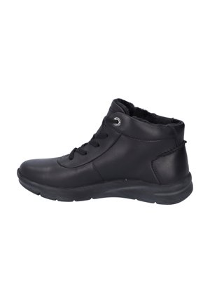 Bottines en cuir noir avec lacets, doublure en fausse fourrure, semelle incurvée et accessoires décoratifs en métal argenté. Texture lisse et design épuré.