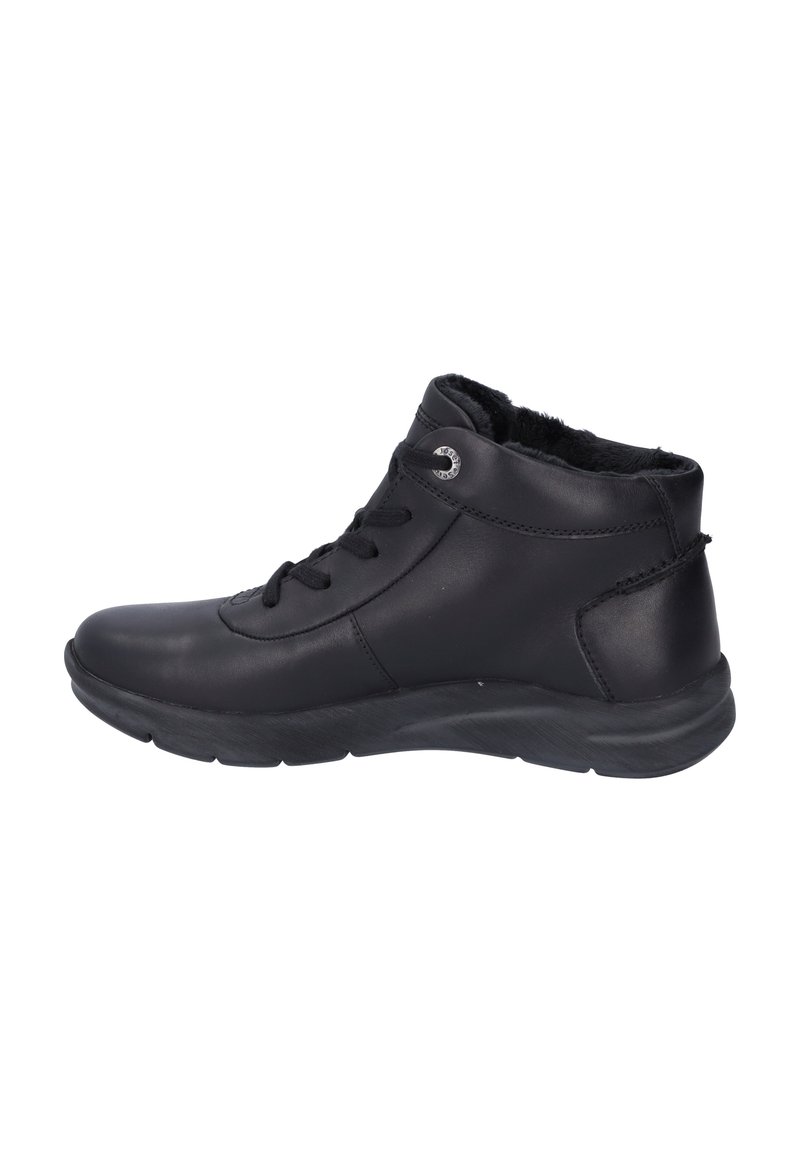 Bottines en cuir noir avec lacets, doublure en fausse fourrure, semelle incurvée et accessoires décoratifs en métal argenté. Texture lisse et design épuré.