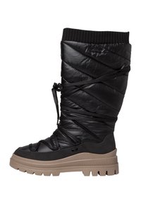 Black padded winter boot with a quilted design, rounded toe, and tall shaft. Features a rubber sole and adjustable laces for snug fit.