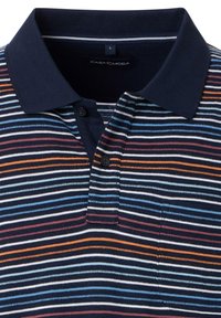 Striped polo shirt in navy, featuring multicolored horizontal lines. Two-button placket, soft fabric, and ribbed collar texture. Size L.