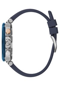 Orologio con cinturino in silicone blu, cassa in metallo argentato e lunetta in resina blu. Include tre pulsanti e un lato testurizzato.