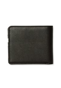 Portefeuille en cuir noir avec une surface texturée, de forme rectangulaire et aux coins arrondis. Présente des coutures le long des bords et aucune quincaillerie visible.