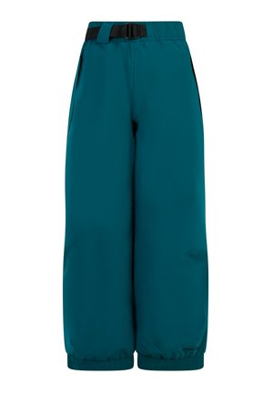 Mėlynos izoliuotos kelnės su plačiu kojų dizainu, reguliuojamu šoniniu diržu, elastiniais rankovėmis ir giliais šoniniais kišenėmis funkcionalumui.