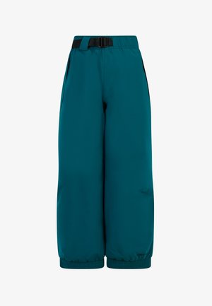 Teal isolerede bukser med bred ben-design, justerbar sidelivrem, elastiske manchetter og dybe sidelommer for funktionalitet.