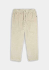 Pantalones de pana beige con cintura elástica, cordón ajustable, bolsillos laterales y un diseño de pierna recta con textura acanalada.