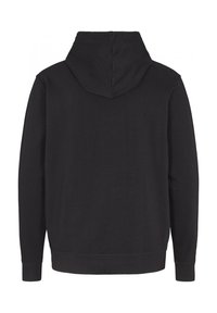 Black hooded sweatshirt made of soft fabric, featuring long sleeves, a relaxed fit, and a kangaroo pocket. Stitched hem and cuffs.