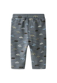 Bawełniane szorty z elastycznym paskiem w talii, posiadające niebiesko-szary wzór w kratę ozdobiony małymi nadrukami samochodów w różnych kolorach.