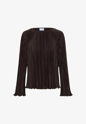 Dunkelbraune Bluse mit langen Ärmeln, vertikalen Falten, Rundhalsausschnitt und leicht ausgestellt Cuffs, auf einem weißen Hintergrund präsentiert.