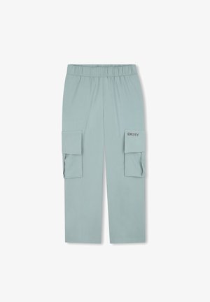 Lichtgroene cargobroek met een elastische tailleband, twee zijzakken en geborduurd 'DKNY' logo aan de voorkant boven de linkse zak.