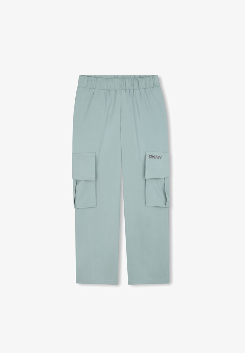 Lichtgroene cargobroek met een elastische tailleband, twee zijzakken en geborduurd 'DKNY' logo aan de voorkant boven de linkse zak.